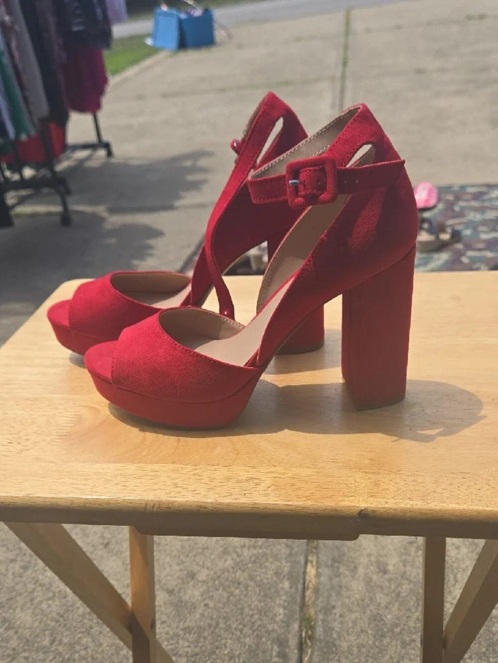 Sun + Stone Red Suede Peep-Toe Ankle Strap Heels